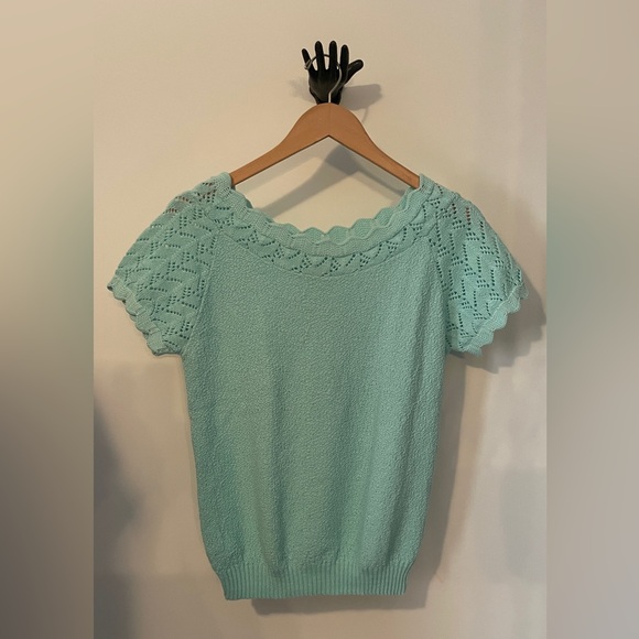 M Scalloped edge short sleeve knit sweater top 80’s teal, near perfect condition - Picture 1 of 6
